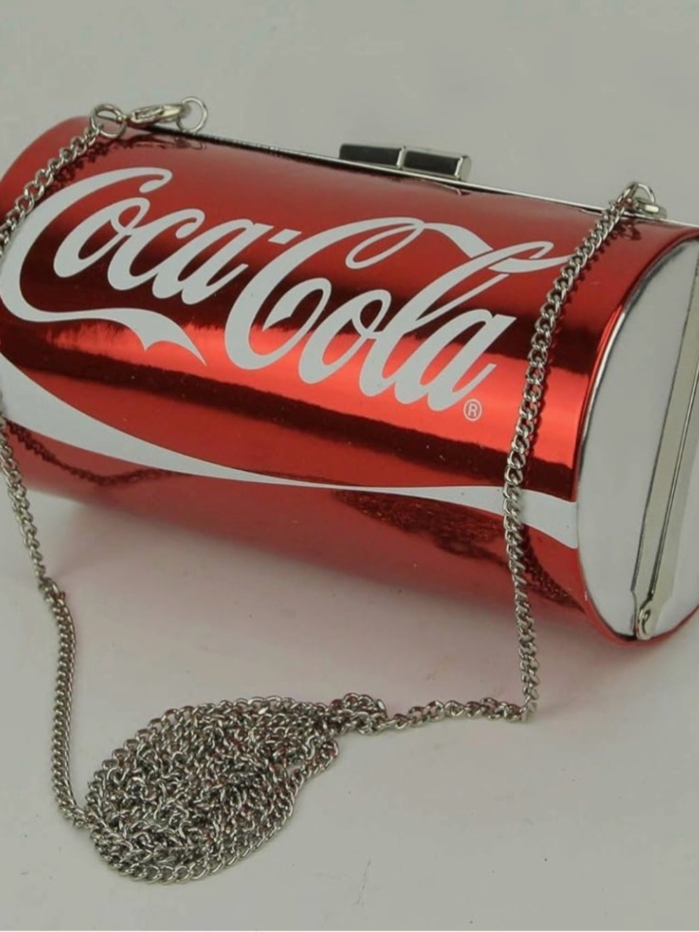 Licensed Coca Cola Red Metallic Crossbody Bag with Silver Chain NWOT Super Size
